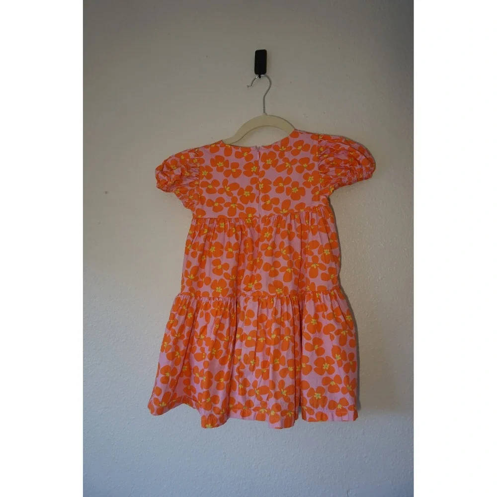 Little Stella Tiered Floral Dress Puff Sleeve Pink Orange Whimisical Mod Size M